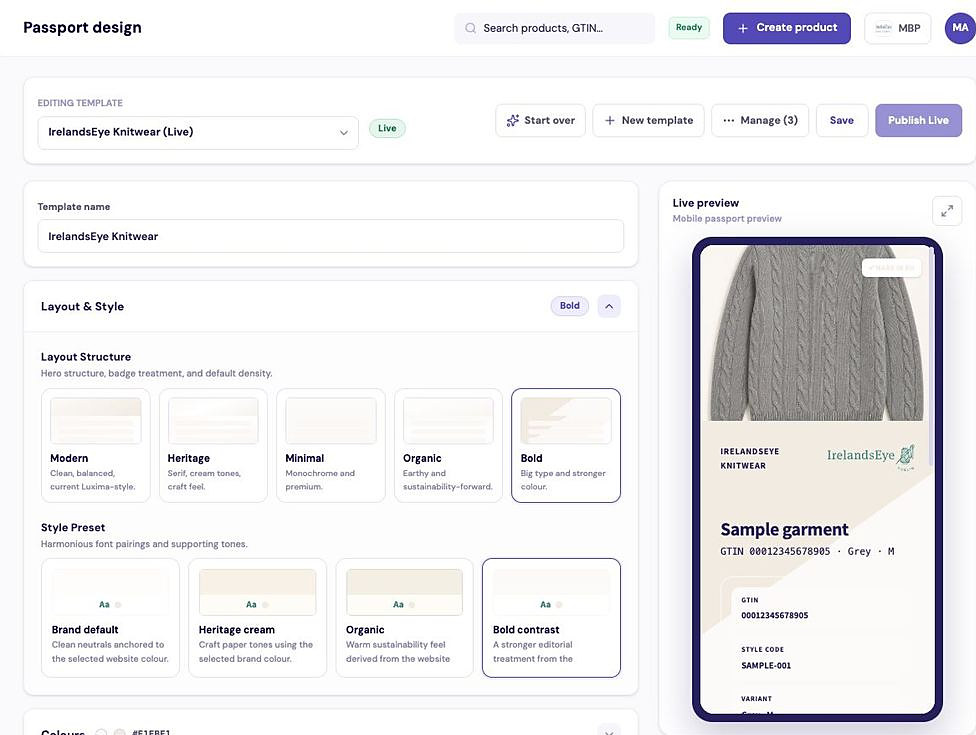 The Luxima portal's passport design screen, showing layout and style presets for a textile product passport.